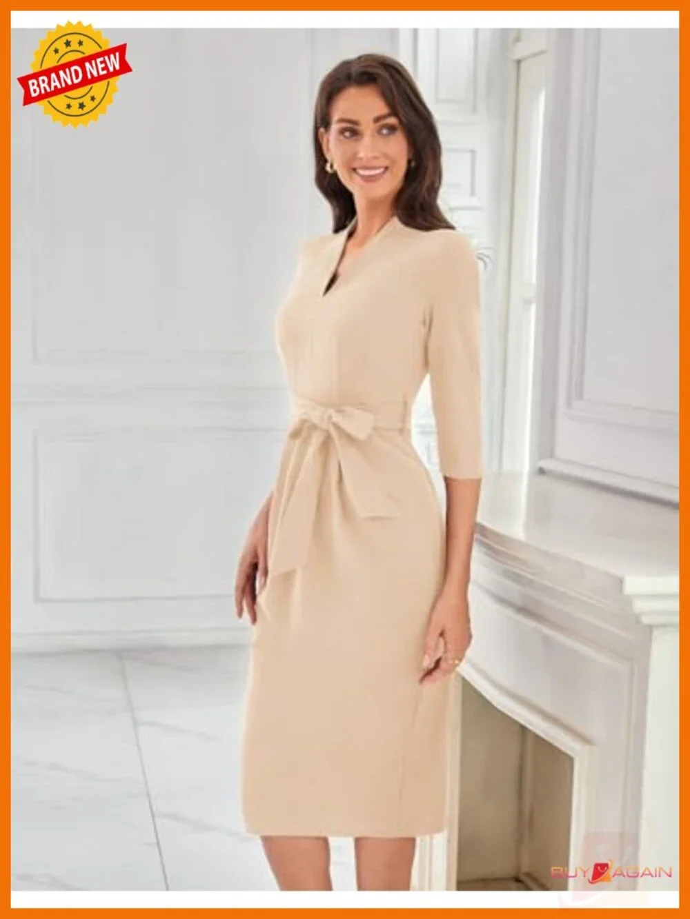 GRACE KARIN 3/4 Sleeve Work Dress with Pockets Bodycon Belted V-Neck Midi